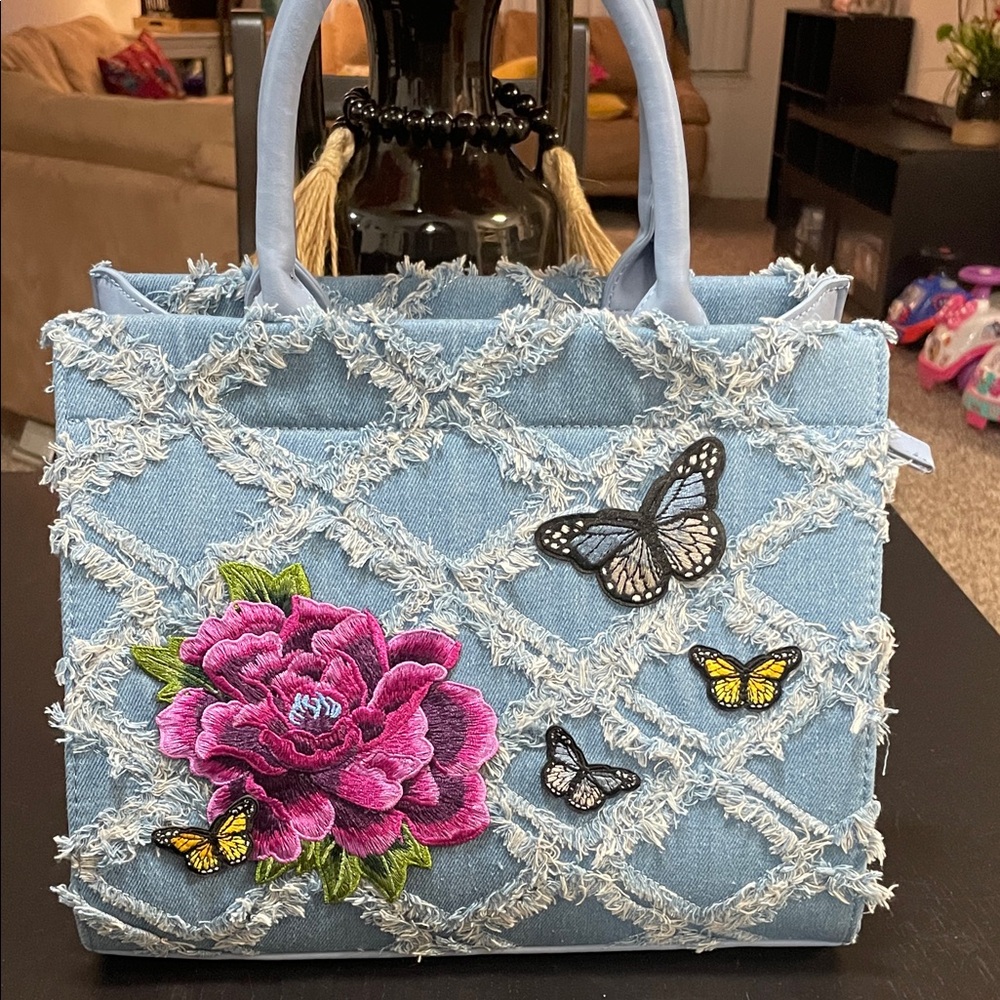 NWOT Embroidered Denim Tote Bag with Floral and Butterfly Design